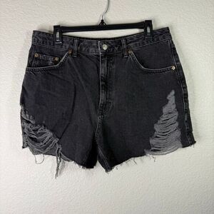 Topshop Black Distressed High Waist Denim‎ Shorts Festival Grunge Style US 10